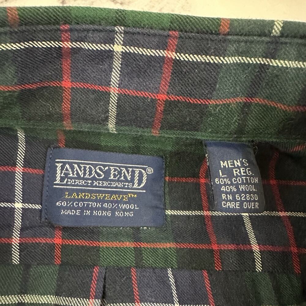 Lands End Mens Vintage 90s Plaid Shirt Size L Blue Green Wool Cotton Blend - Picture 7 of 12
